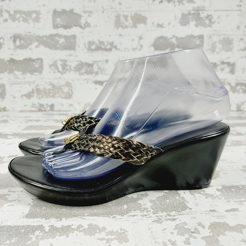 Romano Palai Black Metallic Details Slip On Thong Wedge Summer Sandals O308